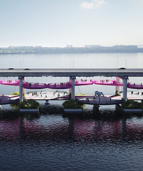 Detalhe do design moderno da Ponte Jamsu com cor rosa vibrante e ciclovia sobre o Rio Han